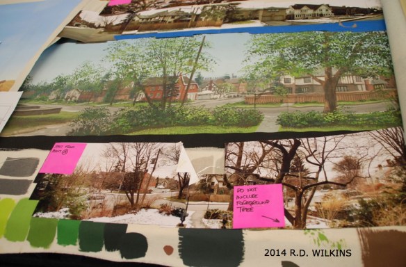 Sample of photo reference for a backing along with notes and a small preliminary paint study for the final backing