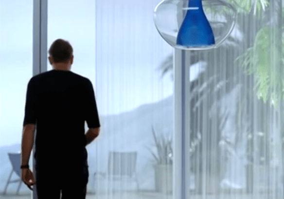 A painted backing seen outside the set windows