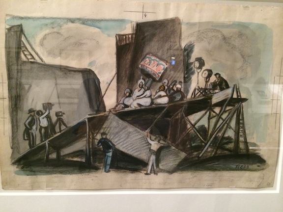 One of Ernst Stern's drawings for Waxworks, which indicates the set design, platforming, camera position and lighting.